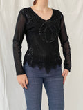 Y2K Black Sequin Chiffon Semi Sheer Dressy Black Women’s Top - M