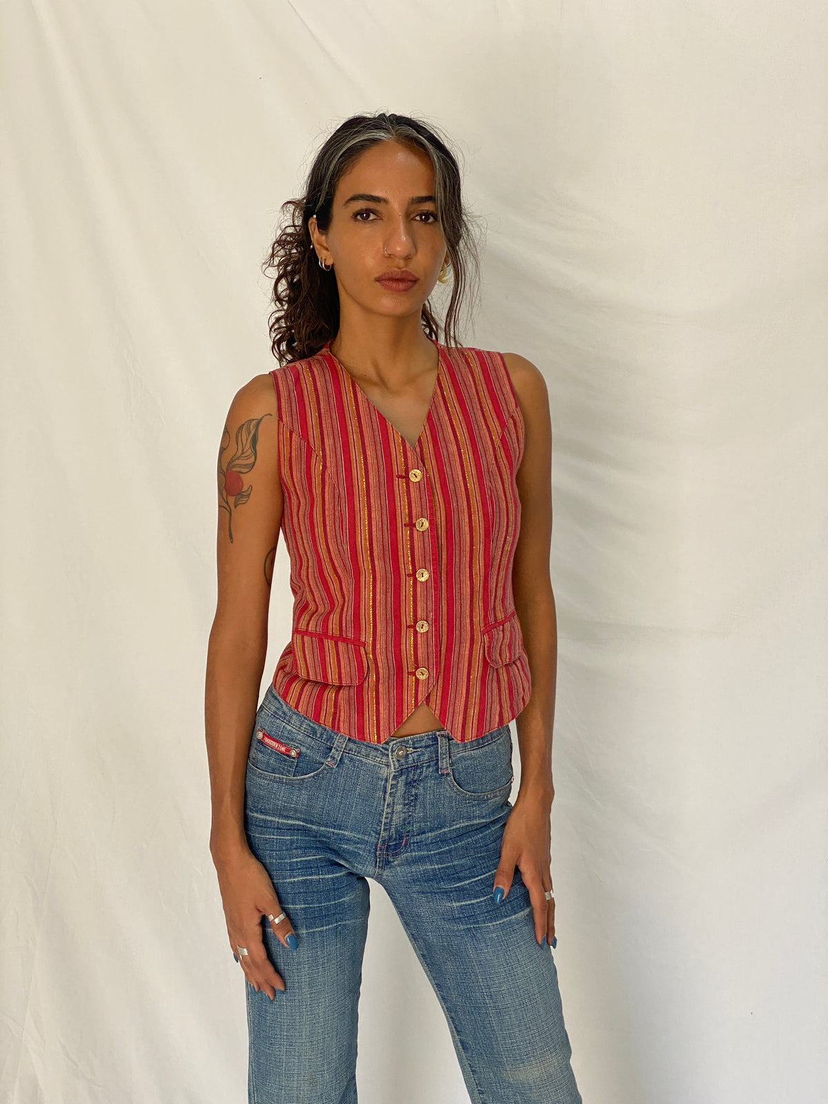 Vintage Y2K Petite Sophisticate Red Metallic Striped Cotton Blend Waistcoat Vest - S Vintage Y2K Petite Sophisticate Red Metallic Striped Cotton Blend Waistcoat Vest - S