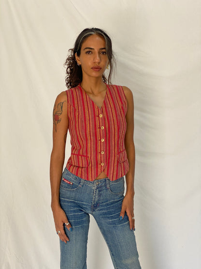 Vintage Y2K Petite Sophisticate Red Metallic Striped Cotton Blend Waistcoat Vest - S