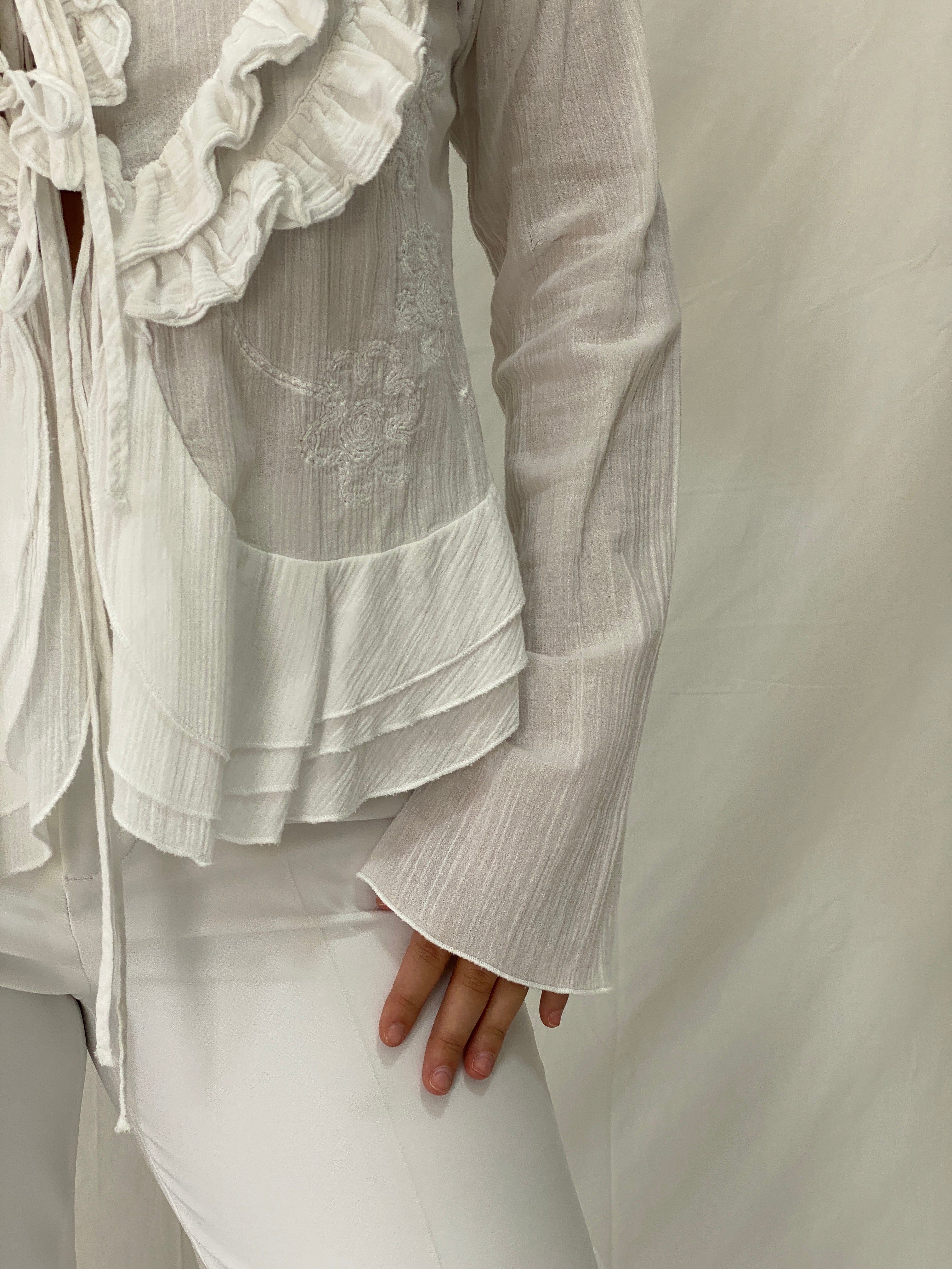 Vintage Y2K White Ruffled Sheer Cardigan Tie Front Romantic Fairy Grunge Blouse - L