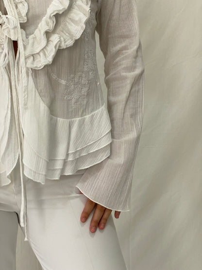 Vintage Y2K White Ruffled Sheer Cardigan Tie Front Romantic Fairy Grunge Blouse - L