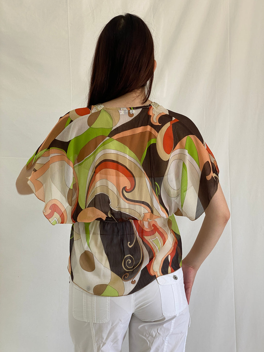 Y2K Quiz Groovy Sheer Boho Top Retro Print Glitter Trim Blouse - L