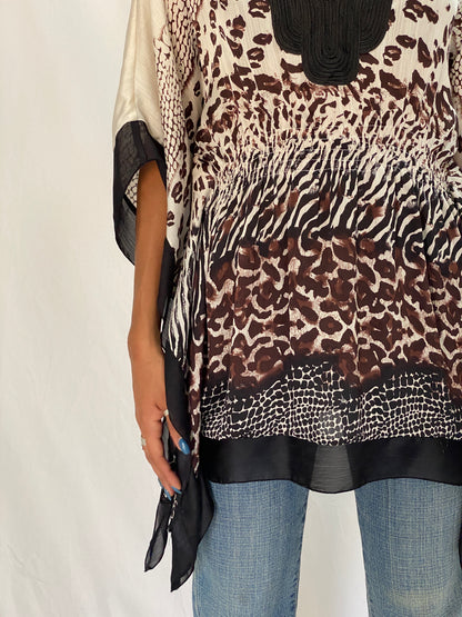 Vintage Y2K Kaelyn-Max Cream & Brown Animal Print Polyester Boho Kaftan Tunic Top - M