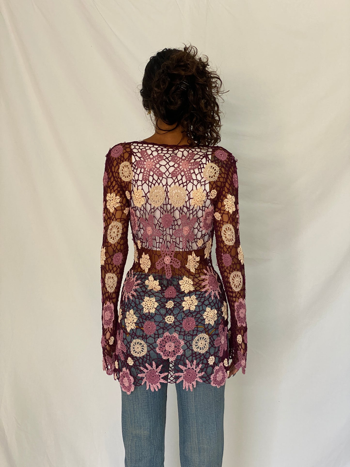 Y2K Floral Crochet Cover-Up Purple & Pink Festival Top – Free Size