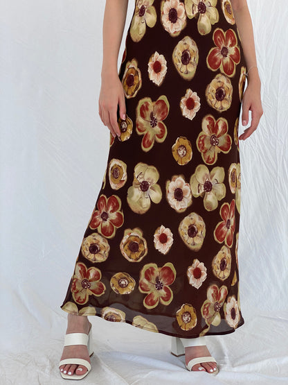 Vintage 90s PJLA Floral Brown Bodycon Sleeveless Maxi Dress - M