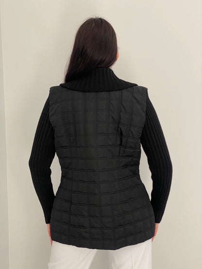 Vintage 90s Laurèl Black Quilted Jacket with Wool Knit Sleeves & Gold Buttons – M