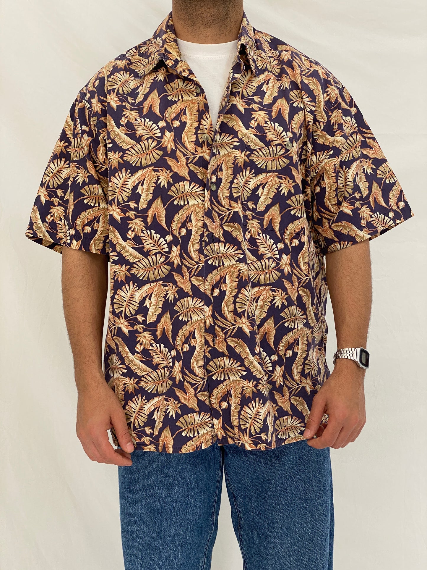 Vintage Pierre Cardin Tropical Leaf Print Hawaiian Shirt Cotton Resort Shirt - L