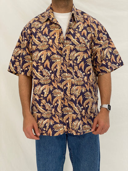 Vintage Pierre Cardin Tropical Leaf Print Hawaiian Shirt Cotton Resort Shirt - L