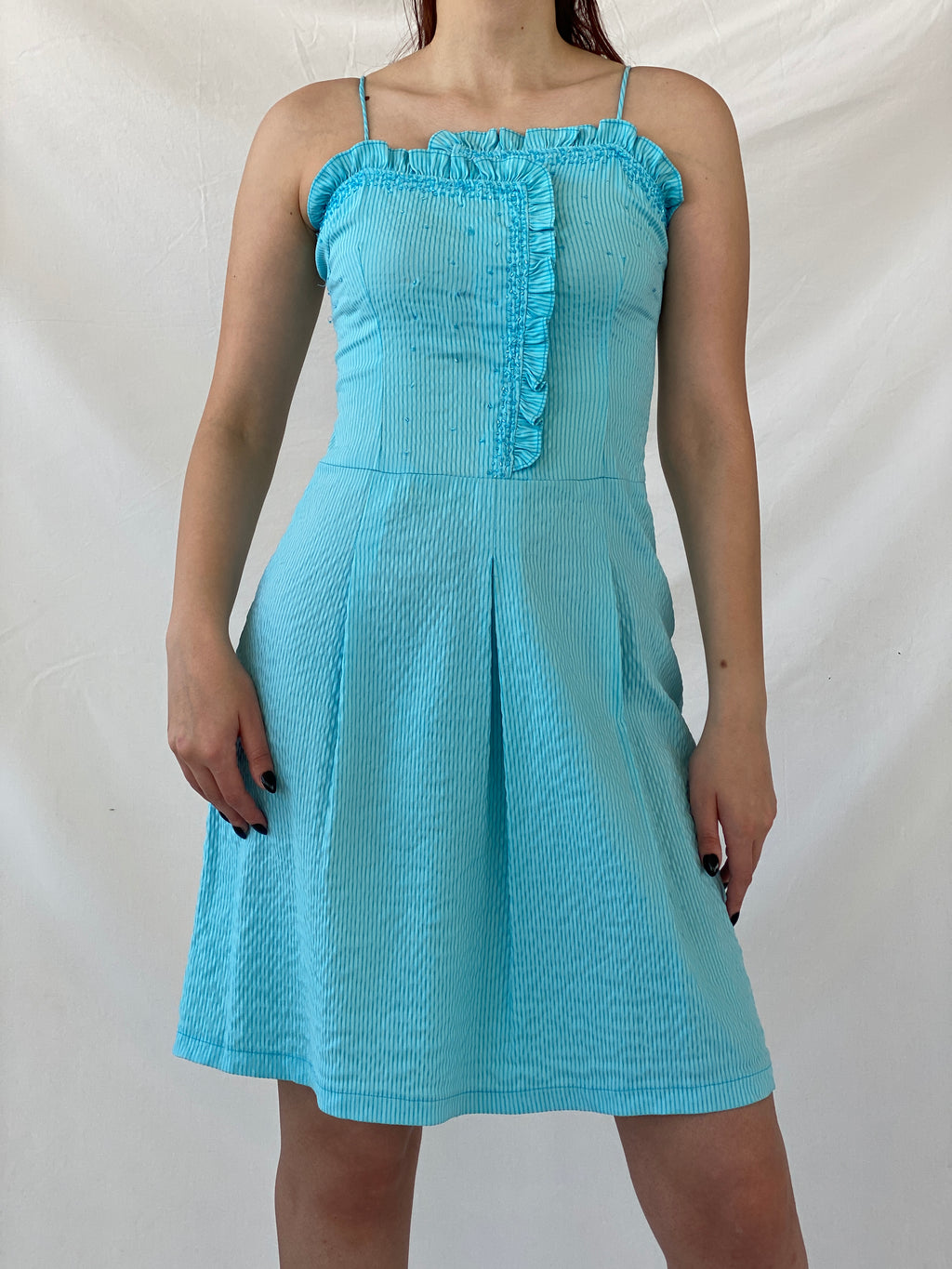 Vintage Hayg Striped Blue Beaded Ruffle Summer Knee Length Dress - M