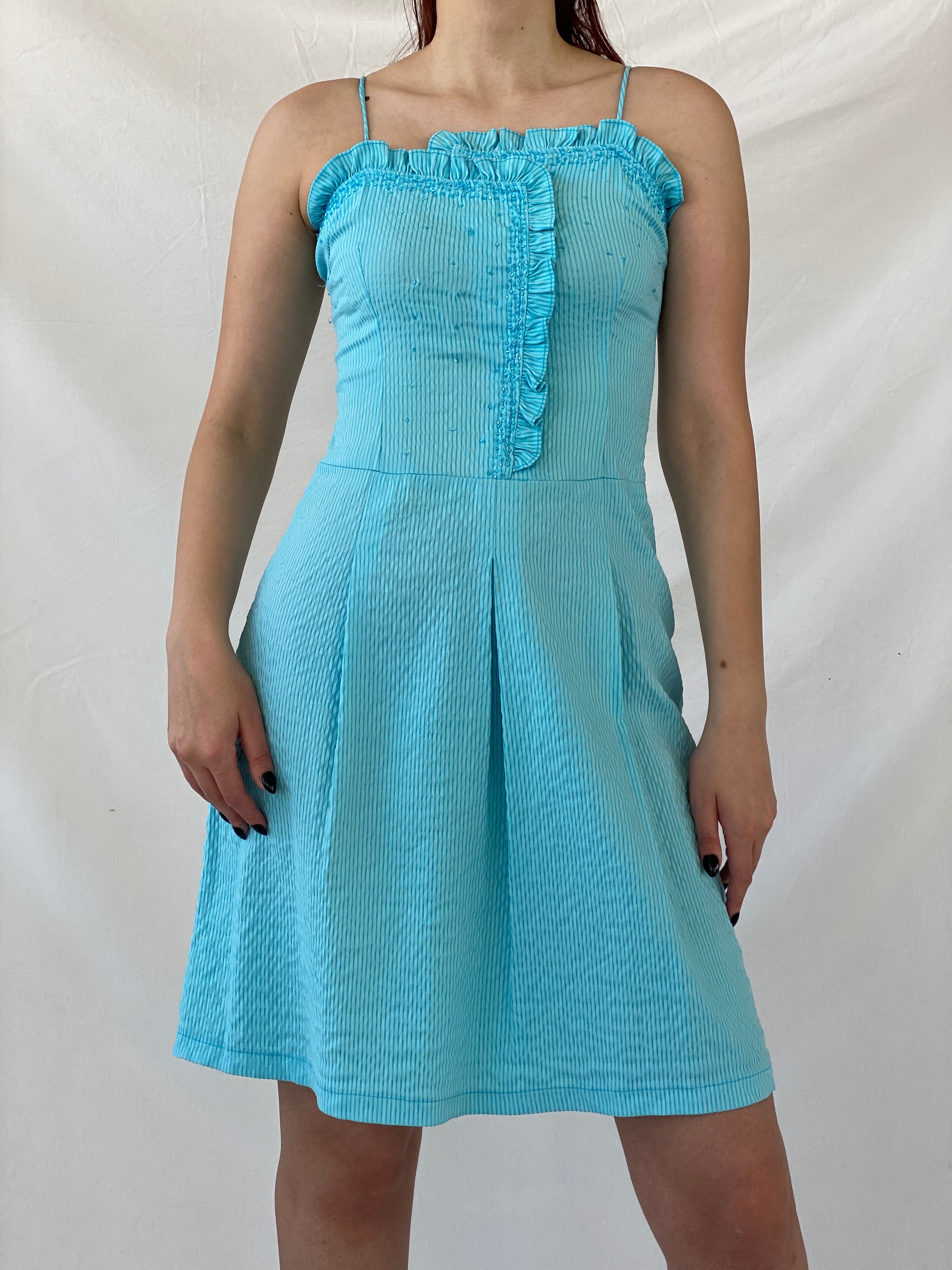 Vintage Hayg Striped Blue Beaded Ruffle Summer Knee Length Dress - M