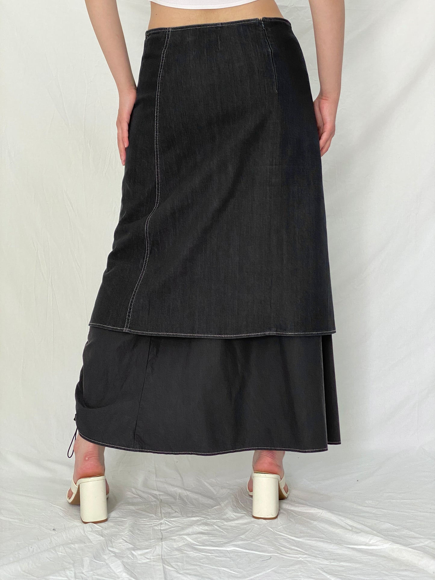Y2K Fozmul Dark Navy Layered Denim Maxi Ruched Side Utility Aesthetic Skirt – M