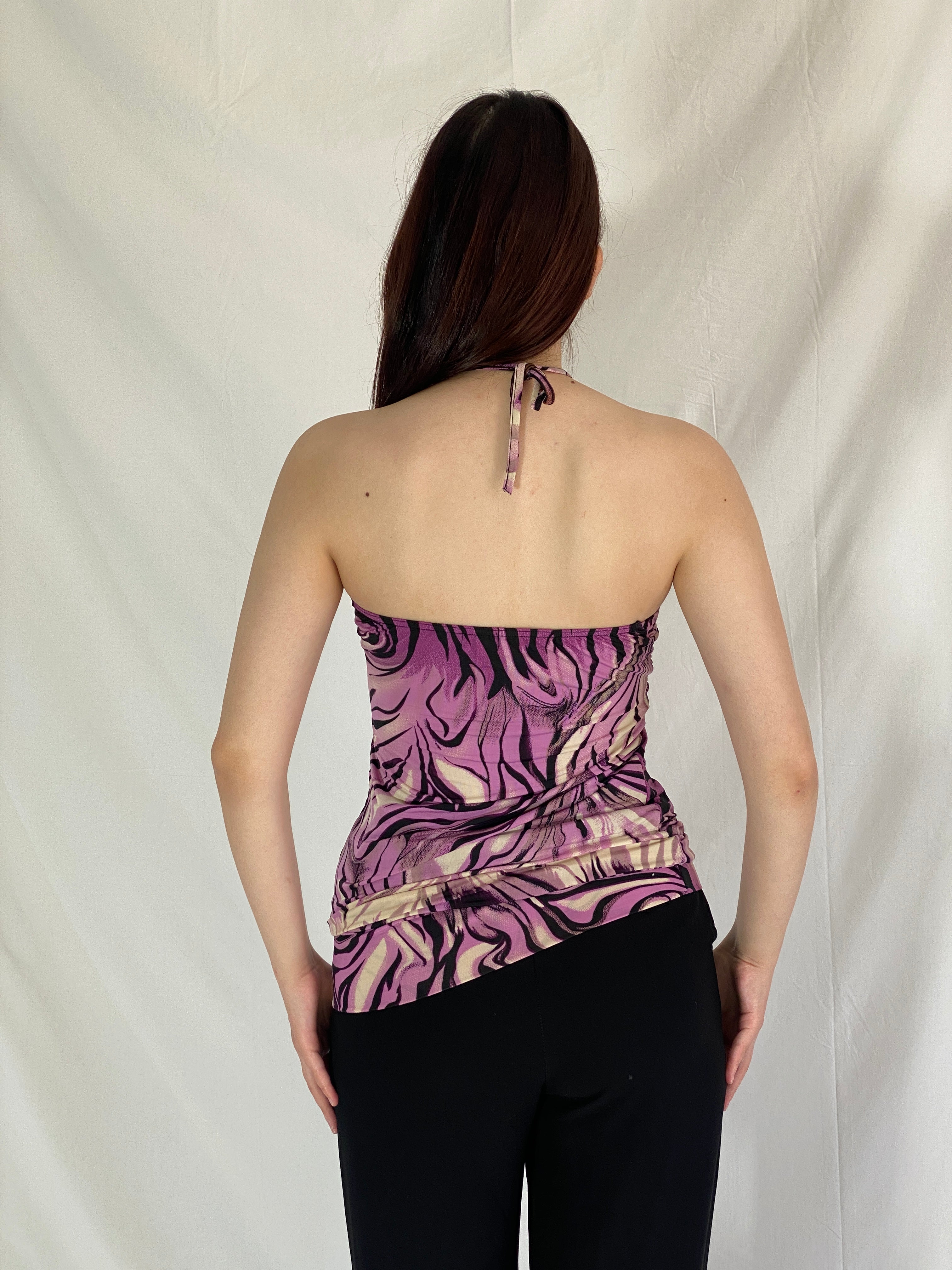 Y2K Charbell Purple Zebra Halter Top with Beaded Straps – M