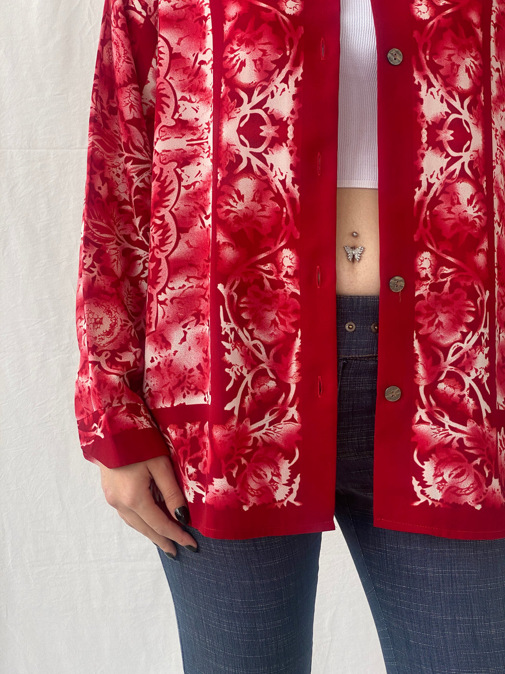 Vintage 90s Le Caviar Red & White Floral Full Sleeve Women’s Shirt - M