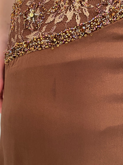 Vintage Party Time Brown Beaded Lace Strapless Formal Gown – M