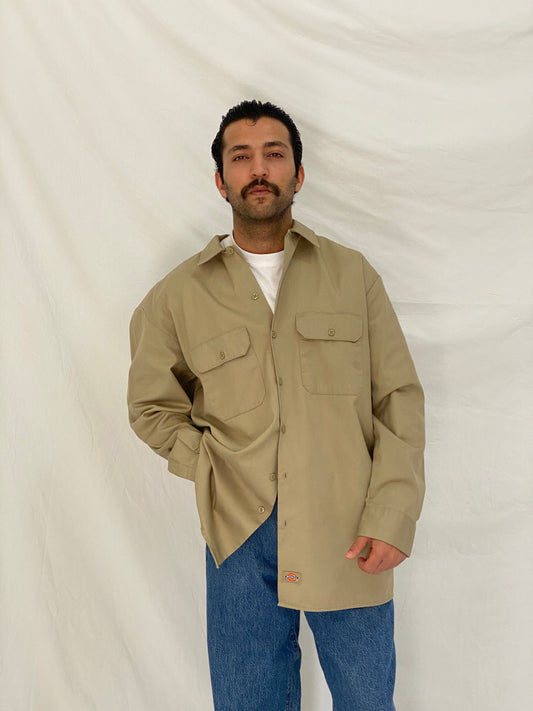Vintage Dickies Workwear Khaki Button-Up Shirt Beige Utility Work Shirt - XL