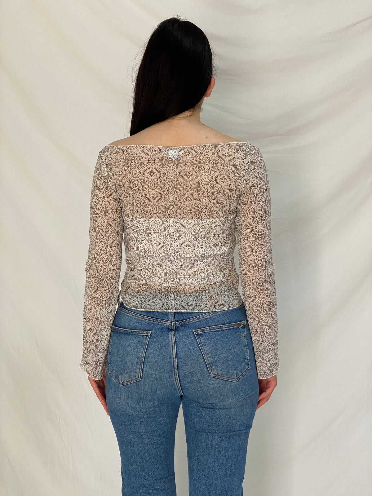 Y2K H&M Sheer Mesh Paisley Beige Brown Fitted Bell Sleeve Top – S Y2K H&M Sheer Mesh Paisley Beige Brown Fitted Bell Sleeve Top – S