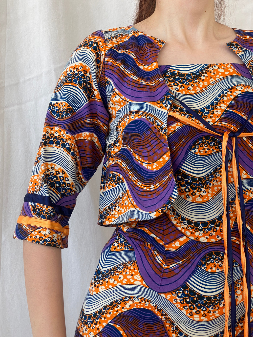 Vintage Handmade Ethnic African Print Purple Orange Midi Sleeveless Dress with Matching Bolero - S
