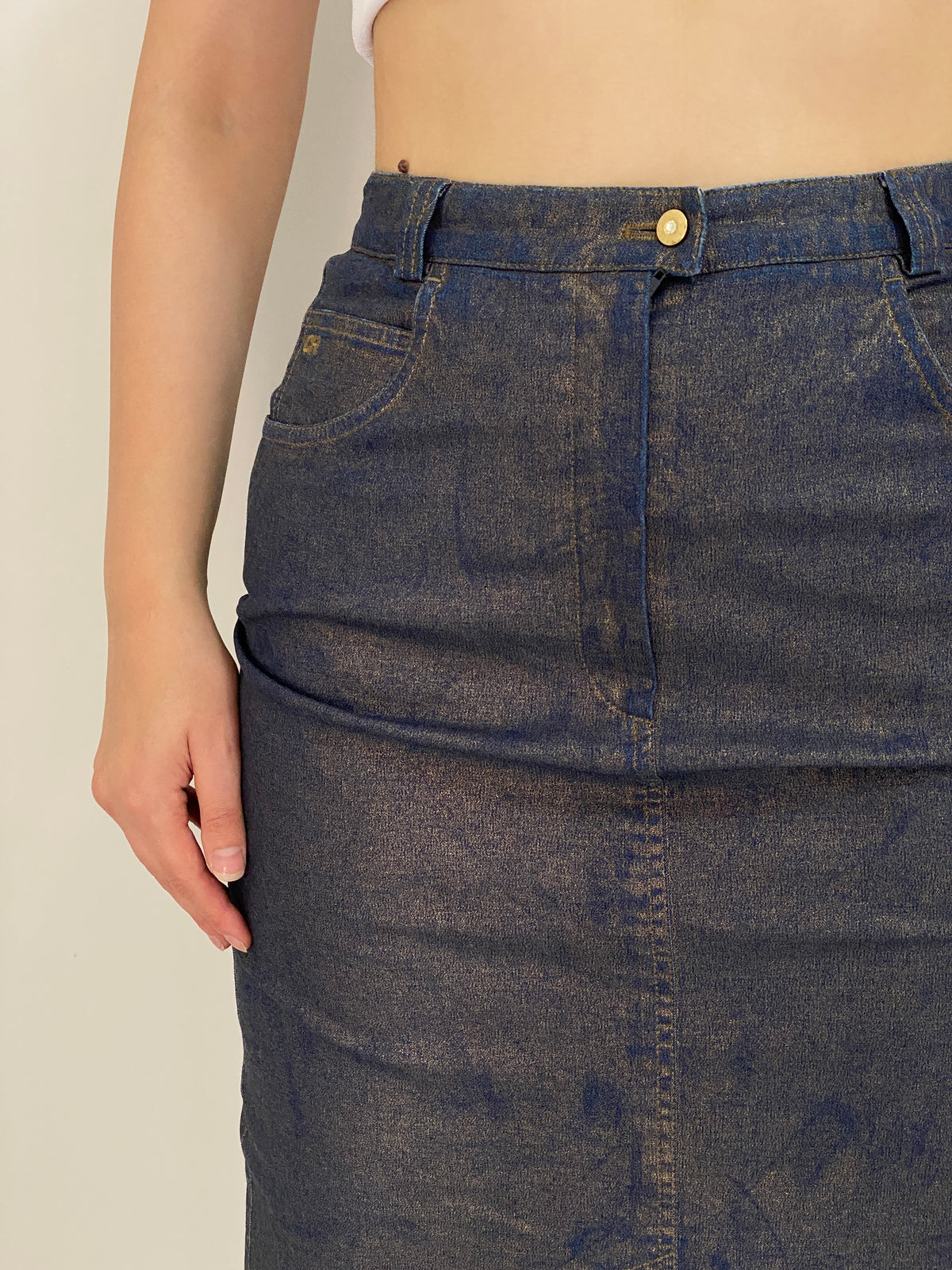 Y2K Catherina Hepher Metallic Gold Blue Denim Pencil Skirt – S