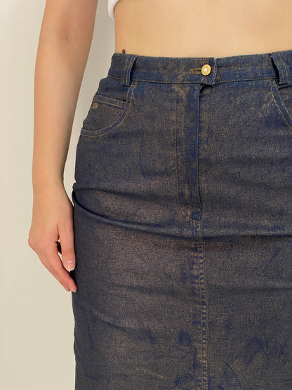 Y2K Catherina Hepher Metallic Gold Blue Denim Pencil Skirt – S