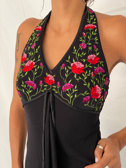 Vintage 90s De Laru by Sheila Yen Black Floral Embroidered Halter Dress – S