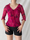 Beautiful Vintage E C I New York Floral Pink Beaded Silk Ruffle See Through Blouse - M