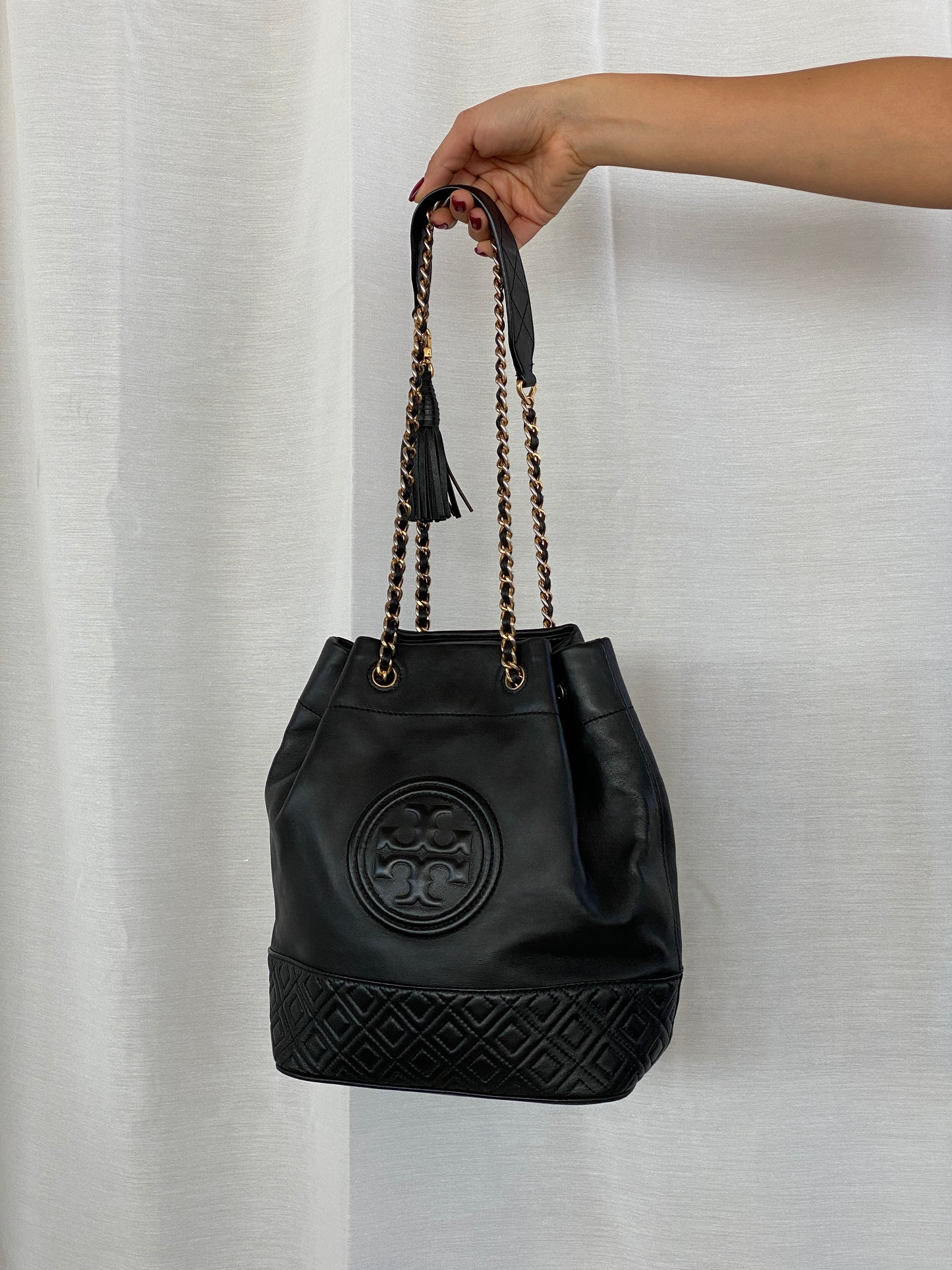 Tory Burch Black Leather Fleming Mini Bucket Chain Shoulder Bag