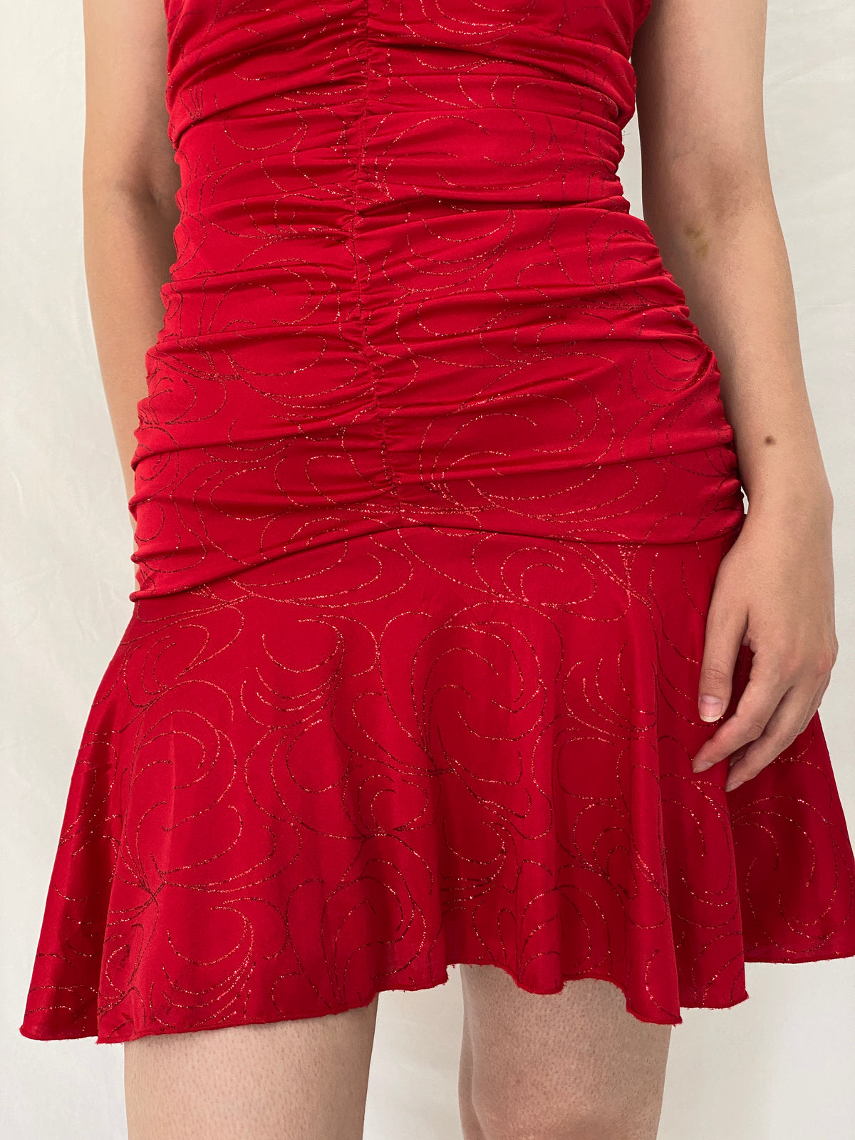 Vintage Y2K Ruby Rox Red Glitter Ruched Halter Mini Dress - M Vintage Y2K Ruby Rox Red Glitter Ruched Halter Mini Dress - M