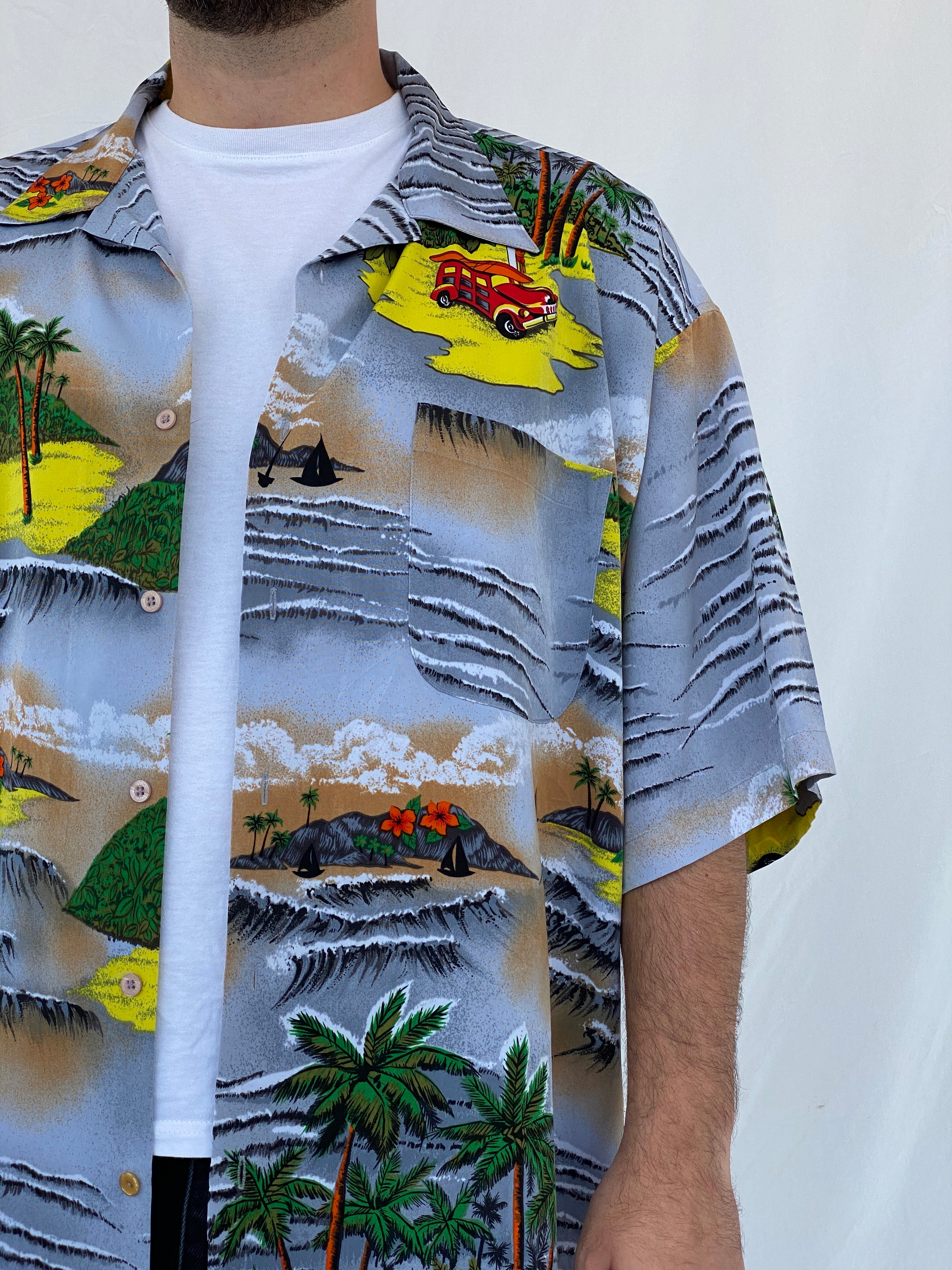 00s Koman Sport Hawaiian Palm Trees Button Shirt - 2XL
