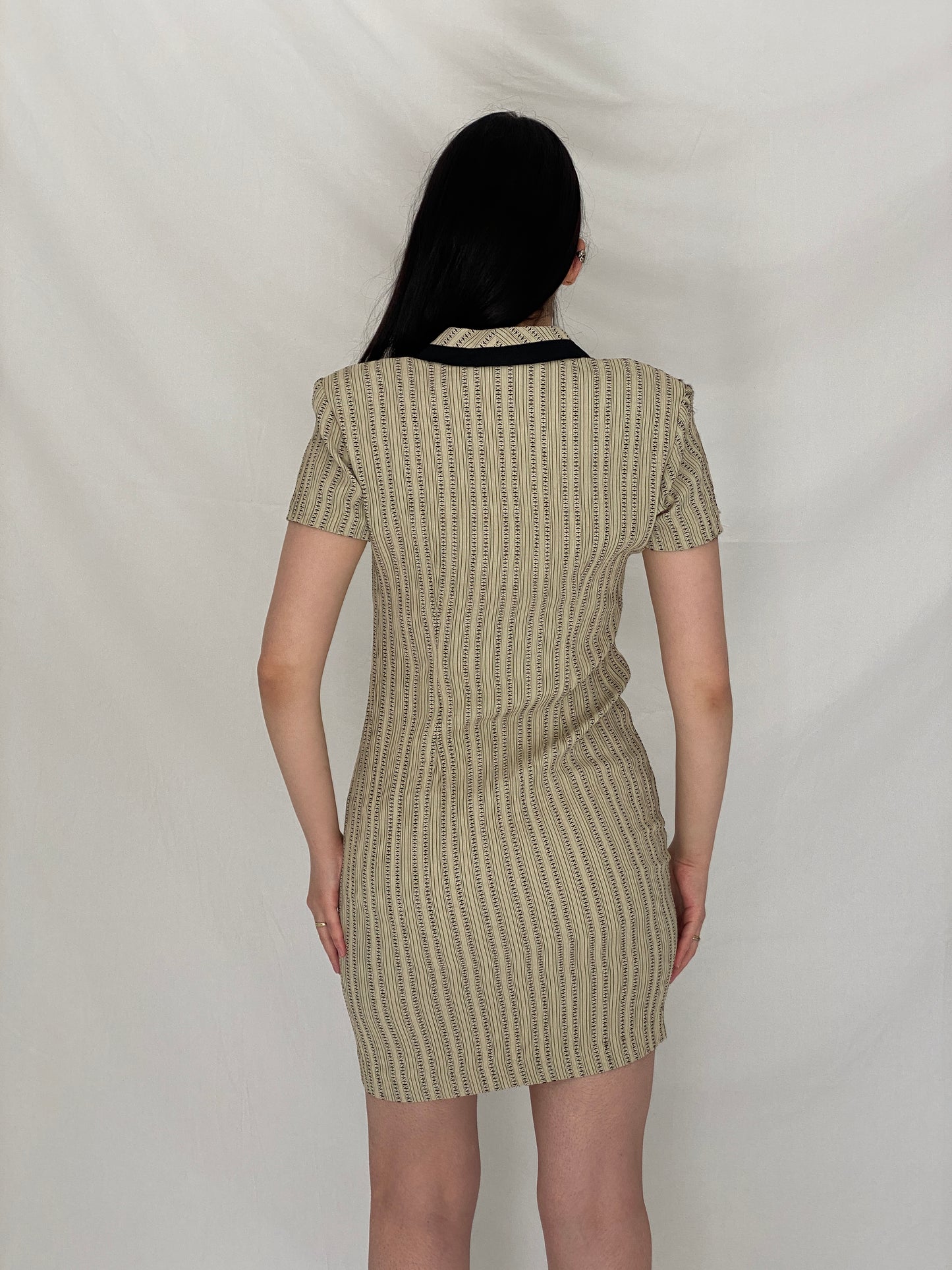 Vintage 90s Dawn Joy Fashions Beige Patterned Fitted Mini Dress - S