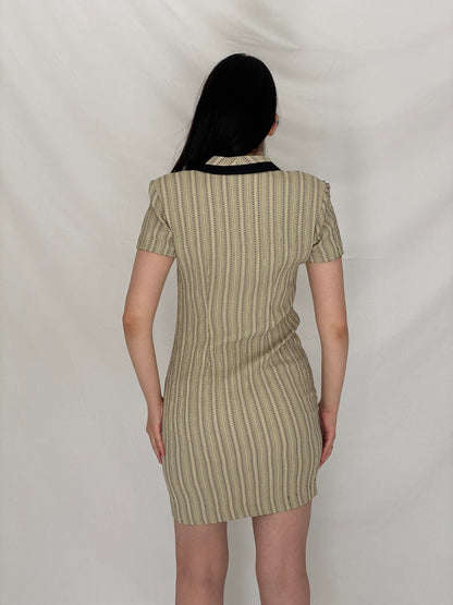 Vintage 90s Dawn Joy Fashions Beige Patterned Fitted Mini Dress - S