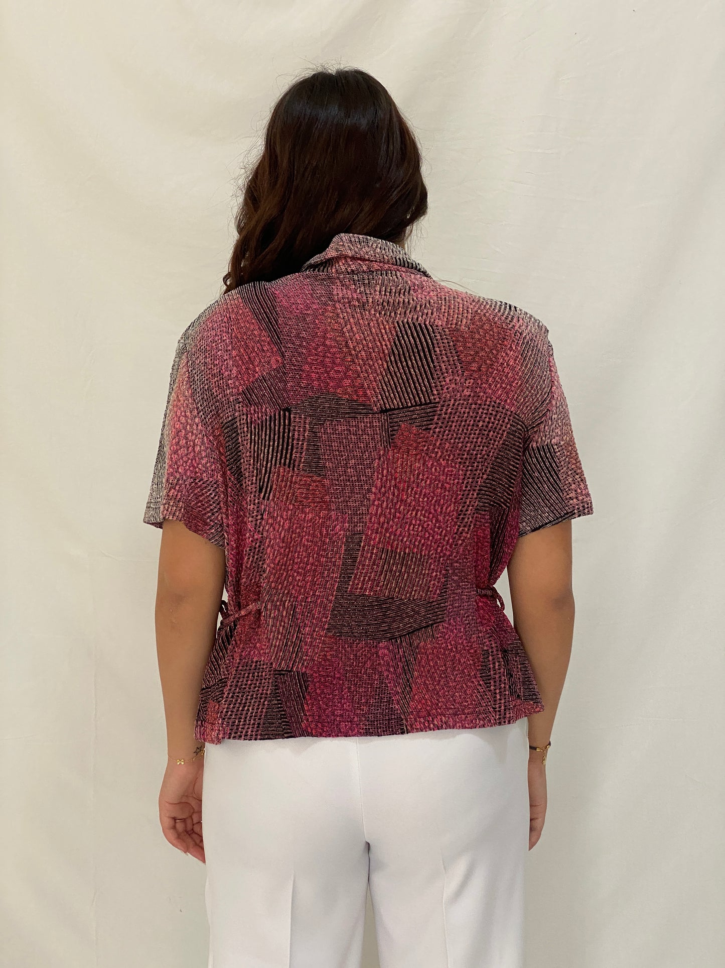 Vintage Positive Attitude Abstract Pink Button-Down Blouse Short Sleeve 90s Shirt - XL