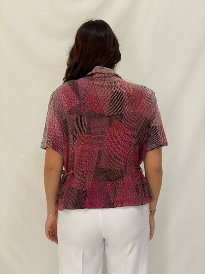Vintage Positive Attitude Abstract Pink Button-Down Blouse Short Sleeve 90s Shirt - XL