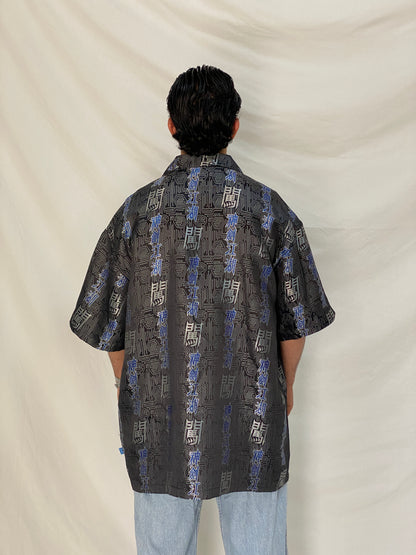 Vintage Y2K Kno Betta Blue Jeans Black & Blue Japanese Graphic Button Up Shirt - 2XL