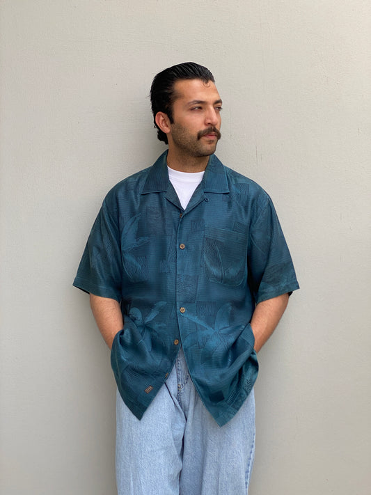 Vintage Tommy Bahama Relax Deep Navy Palm Jacquard Silk Camp Shirt – M