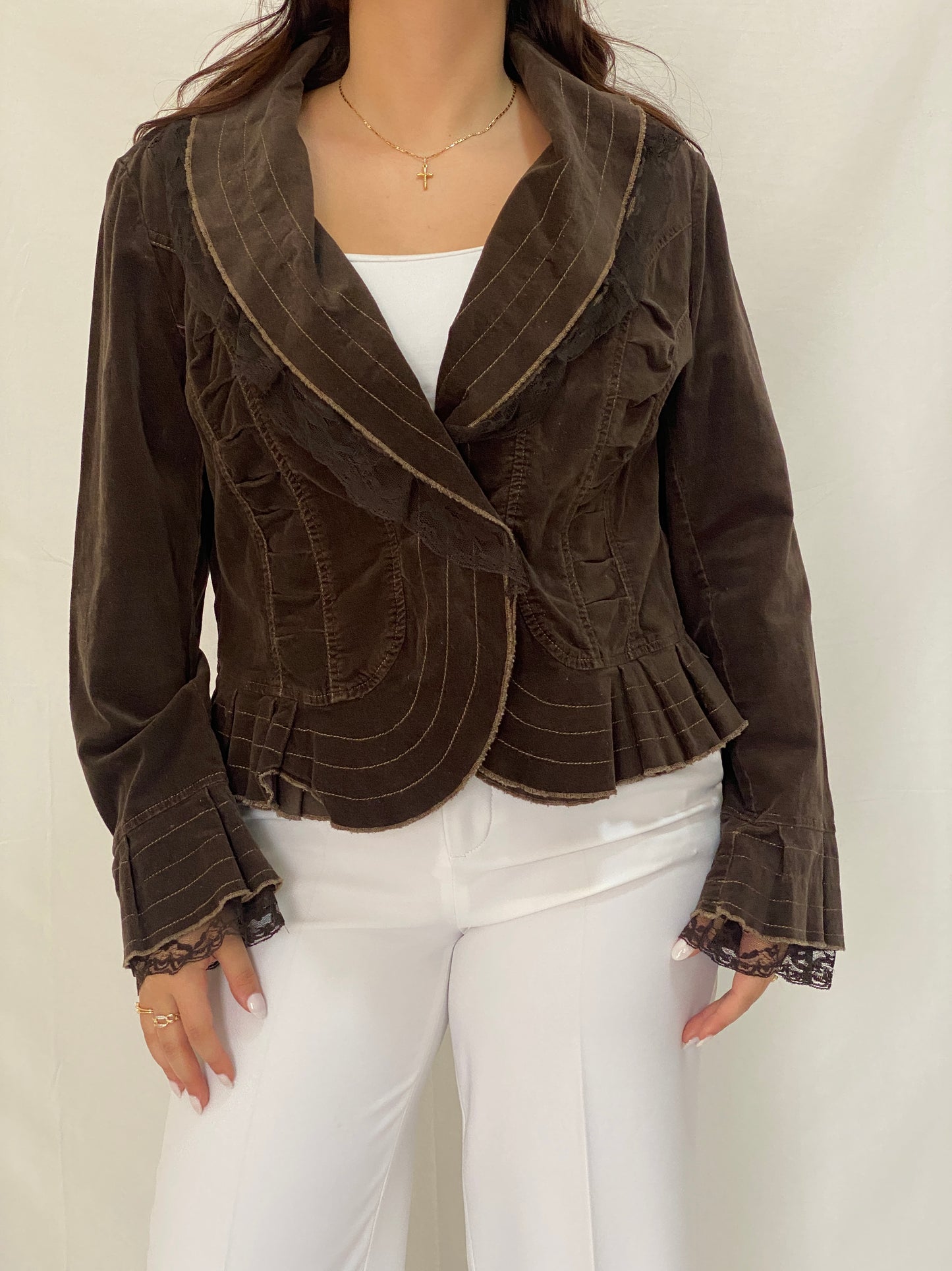 Vintage Tence Brown Blazer Ruffle Trim & Lace Cuff Victorian Style Jacket - L