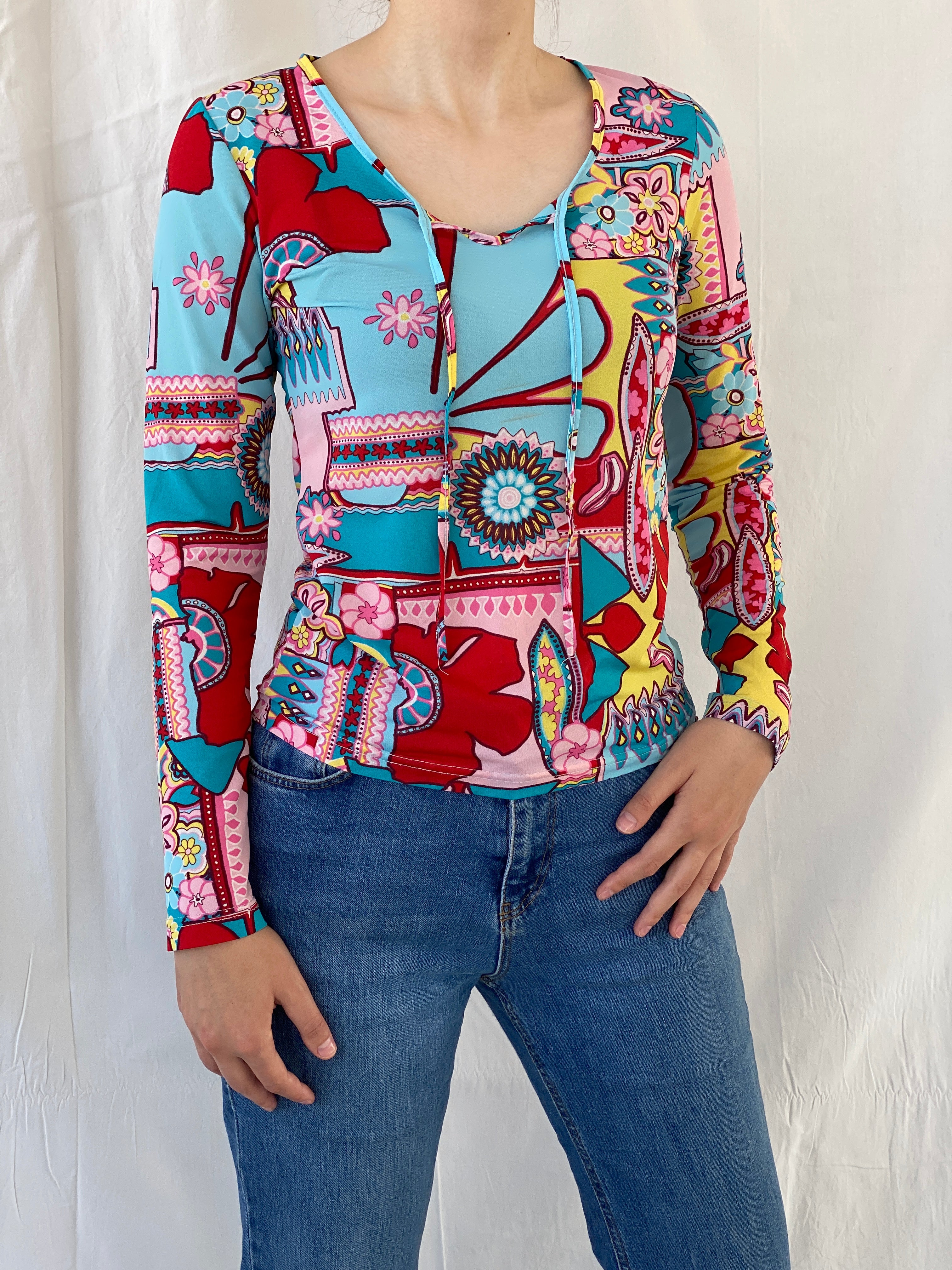 Vintage Colorful Mandala Floral Print Blouse Long Sleeve Groovy Top - M