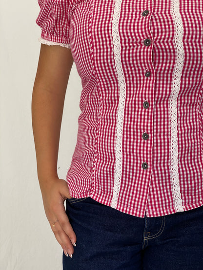 Vintage Y2K Gina Benotti Red & White Gingham Cold Shoulder Lace Trim Blouse - M