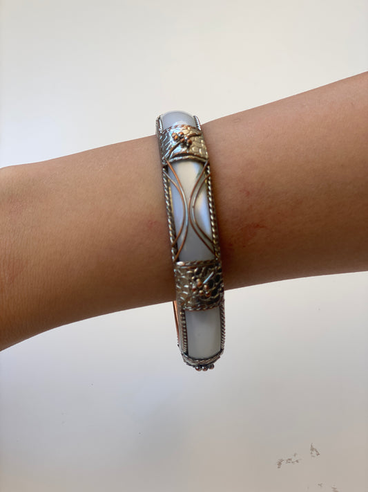 Vintage White Enamel & Silver-Tone Ornate Bangle Bracelet Rhinestone Detail