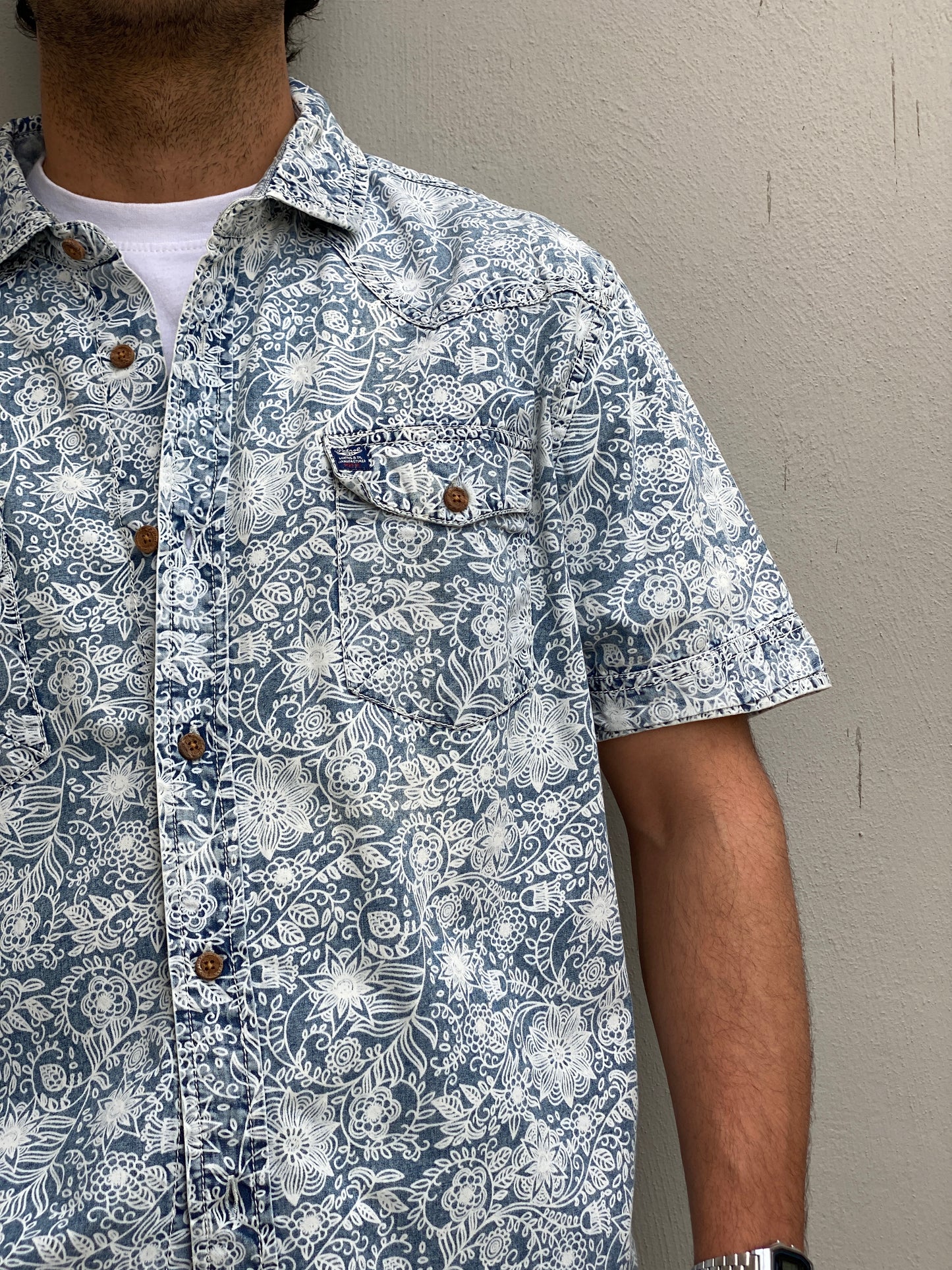 Vintage Petrol Industries Blue Floral Workwear Short Sleeve Men’s Shirt – 2XL