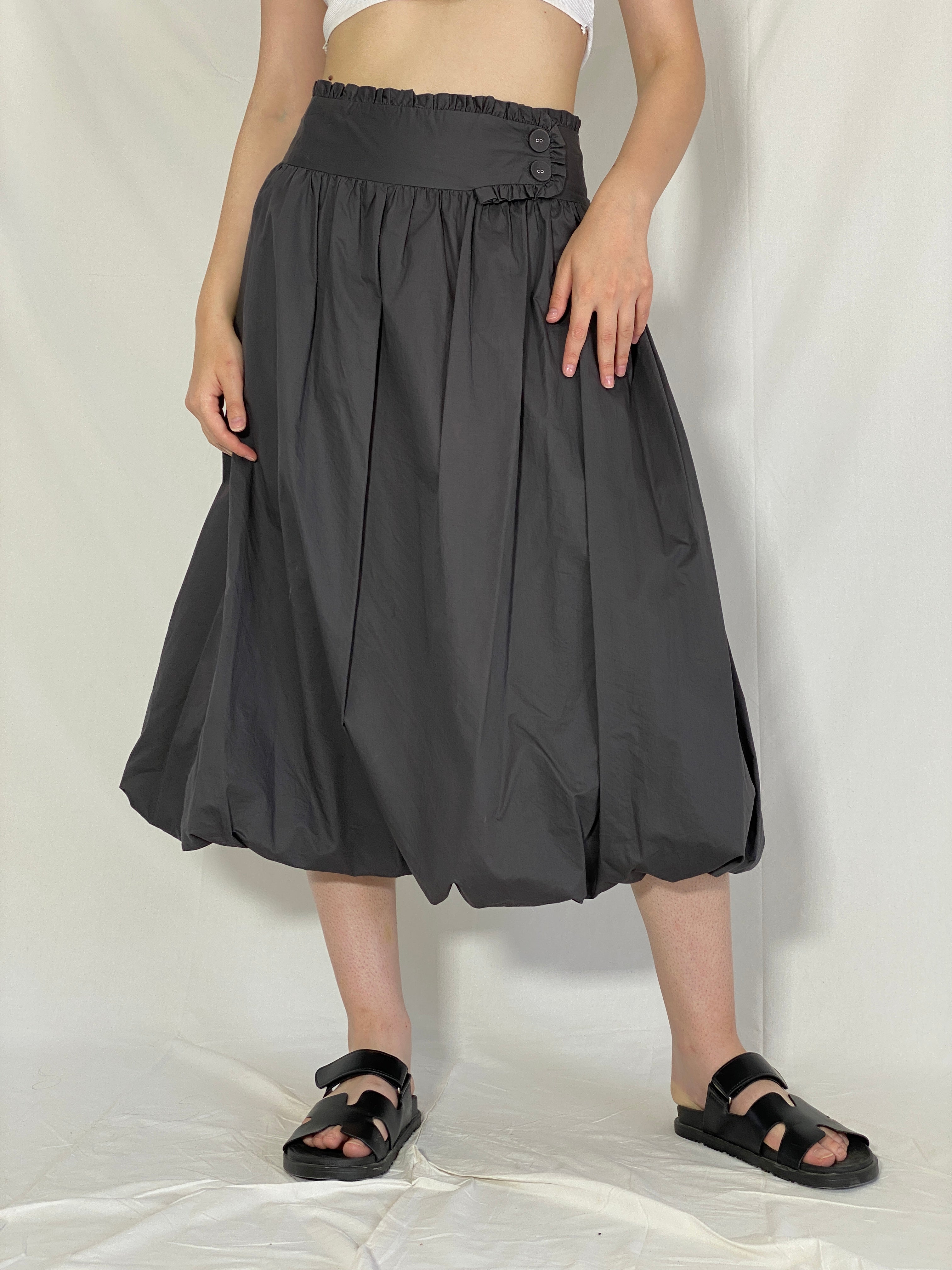 Lavanda Whimsygoth Dark Gray Bubble Midi Skirt Futuristic High Waist Skirt with Button Detail - M