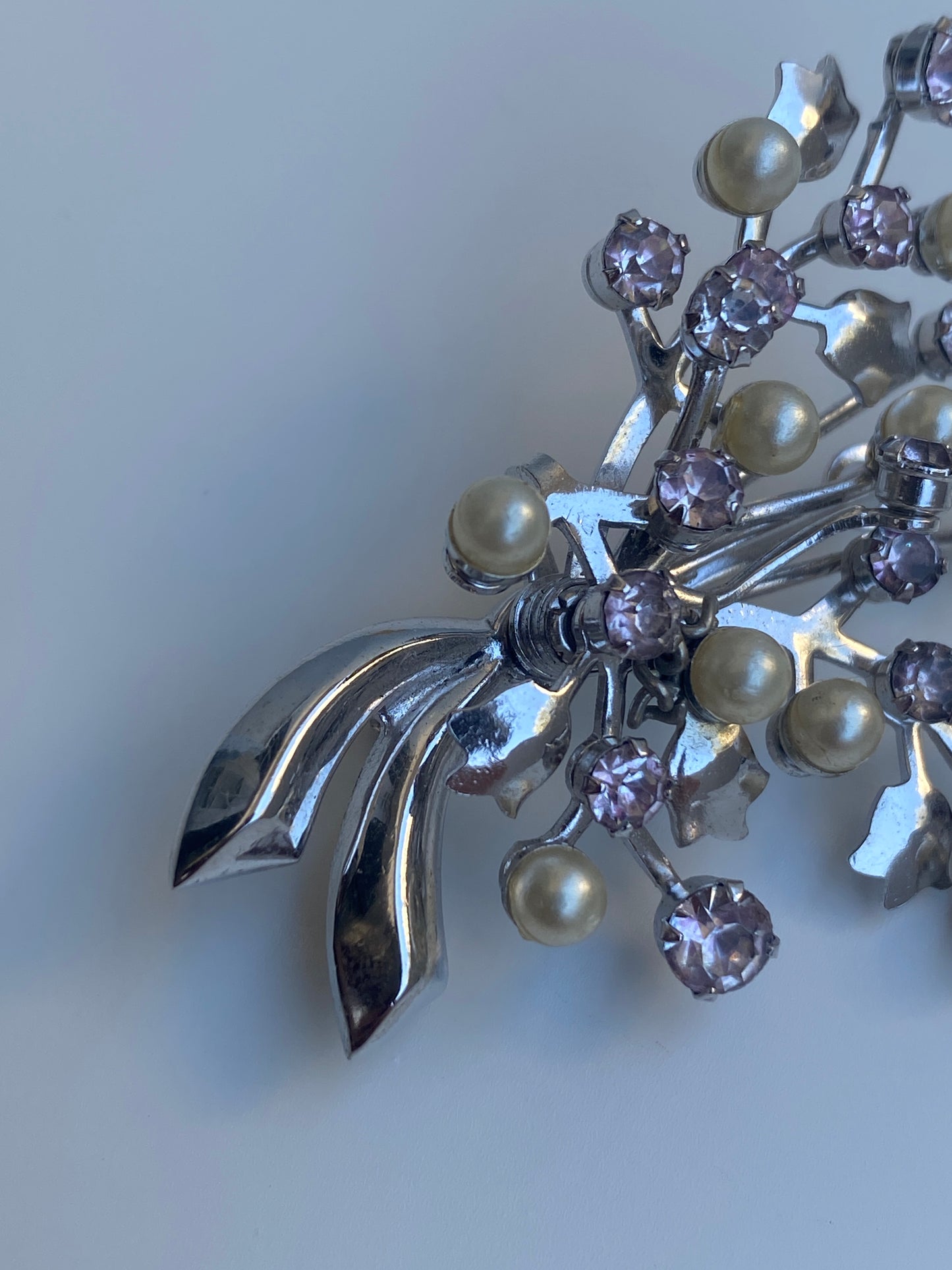Vintage Silver-Tone Pink Rhinestone & Faux Pearl Floral Spray Brooch