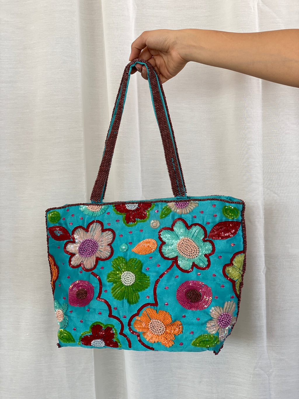 Beautiful Blue Satin Floral Sequined Beaded Strap Tote Bag