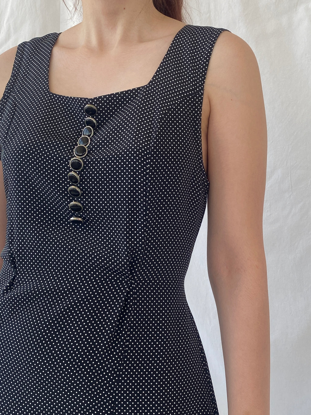 Vintage Handmade Black and White Polka Dots Sleeveless Midi Dress - S