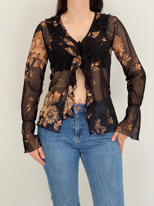 Vintage Y2K Surrender Women Black & Brown Floral Sheer Mesh Ruffle Blouse - M