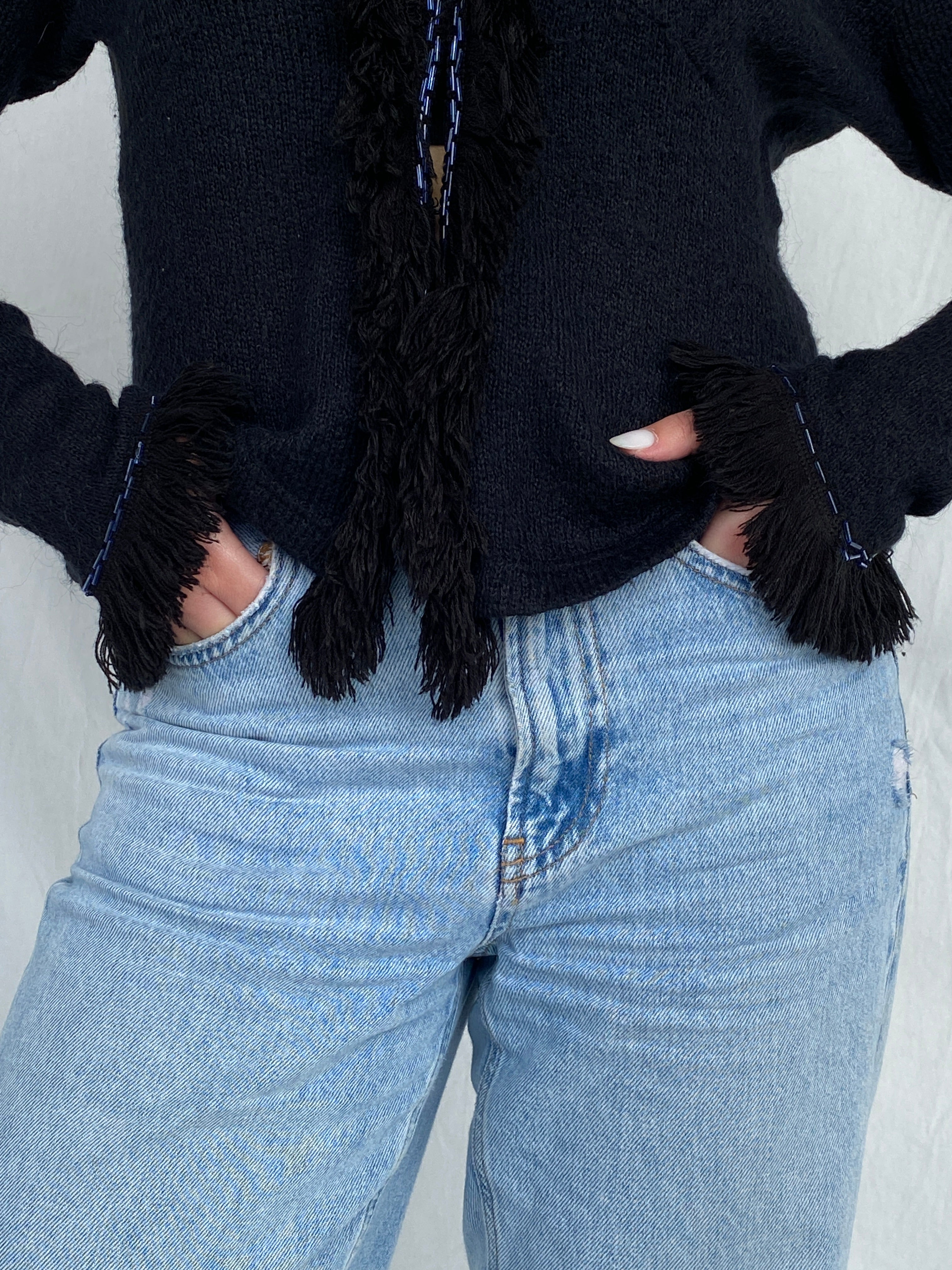 Vintage STENIA Sport Black Knit Beaded Cardigan with Fringed Collar - L