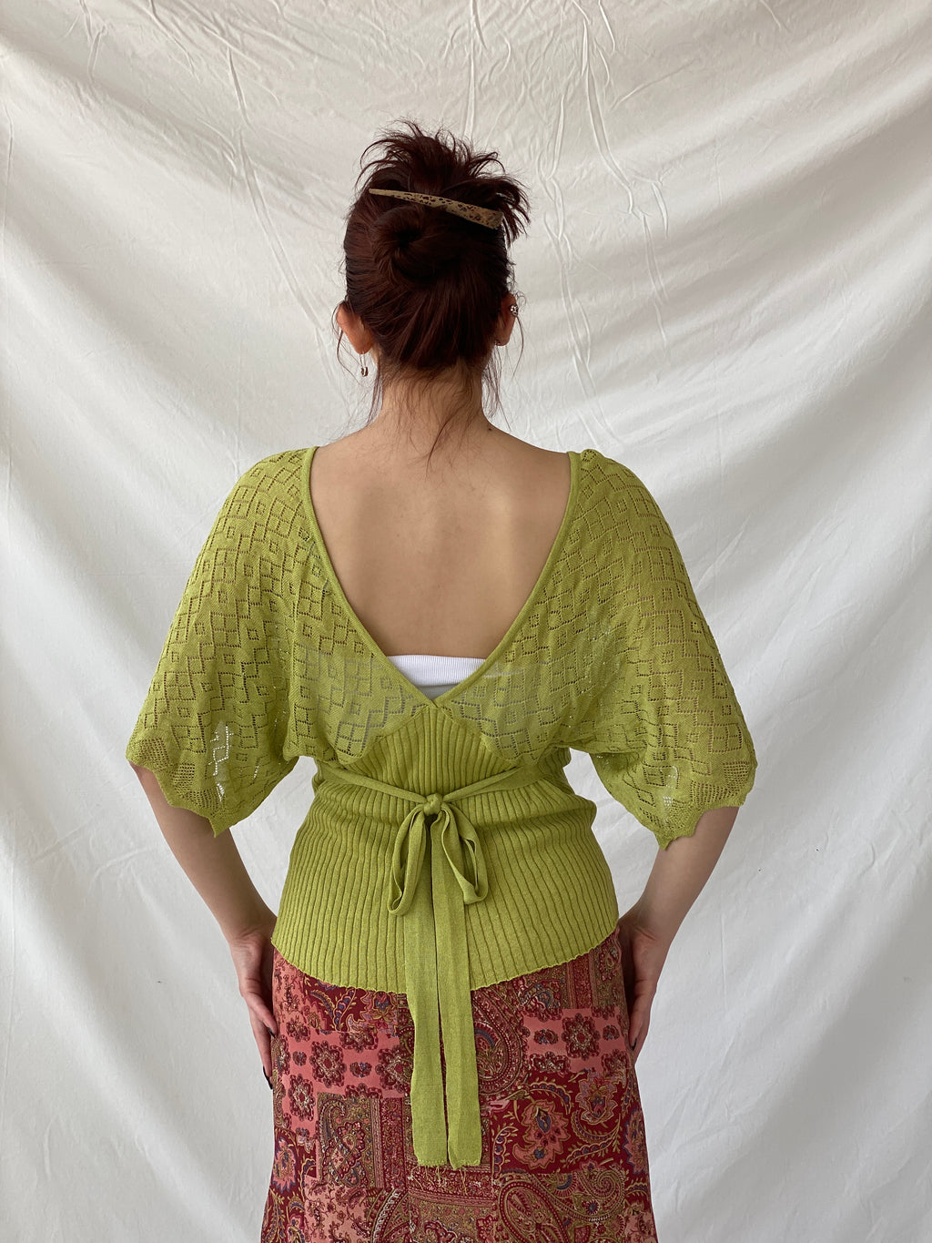 Y2K C.C.S Sarar Knitted See Through Green V-Neck Blouse - L