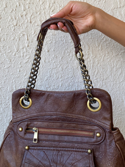 Vintage Y2K A|wear Brown Chain Handle Multi-Pocket Shoulder Bag