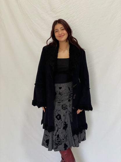 Vintage De Blue Black Penny Lane Faux Fur Lined Long Coat Toggle Closure Jacket - M