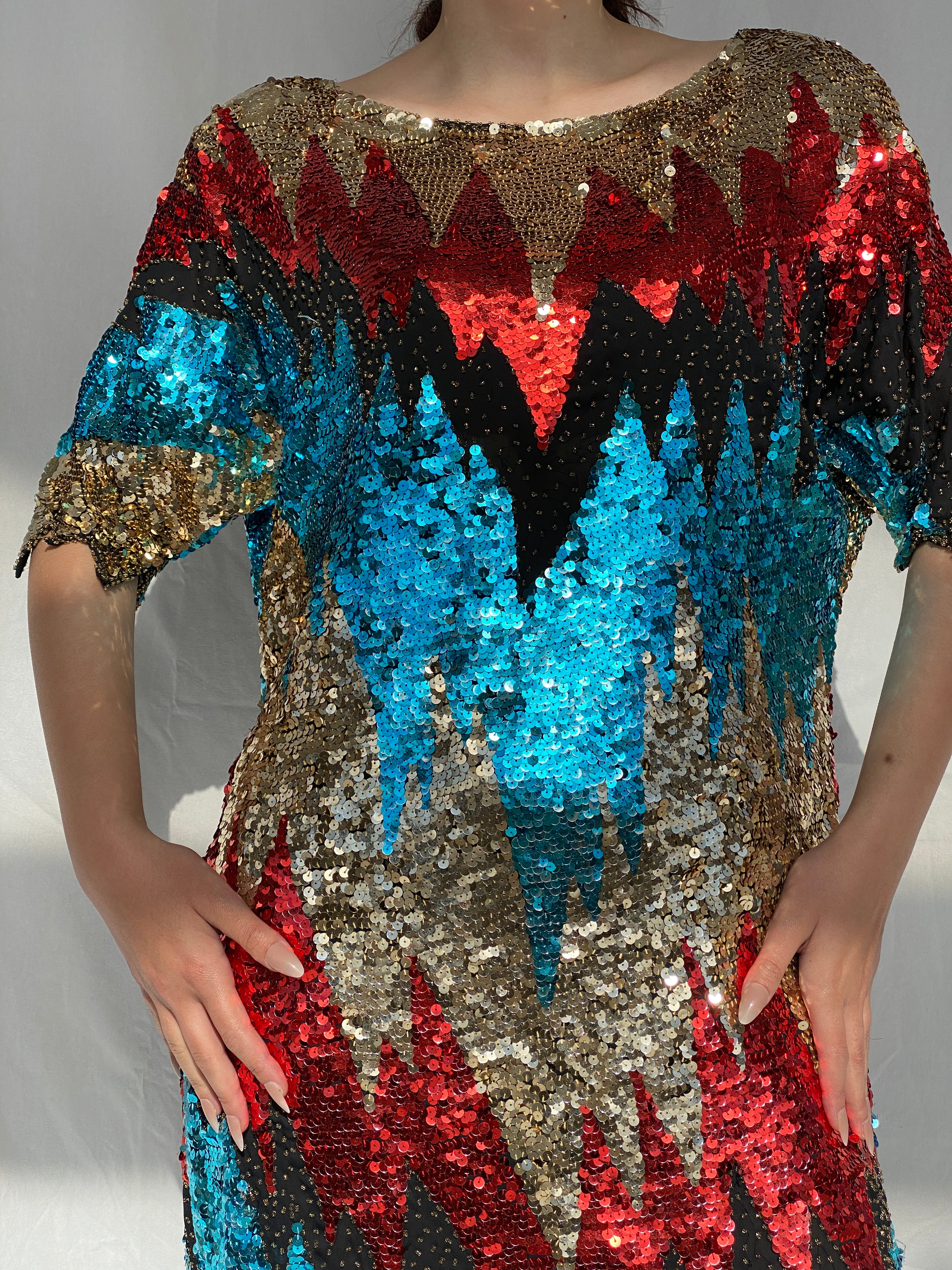 Vintage Iris Zig Zag Sequin and Sheer Midi Party Dress - L