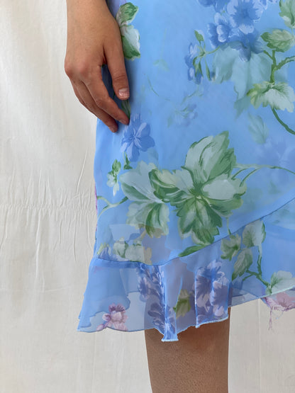 Cute Vintage Y2K D.B.Y. Blue Floral  Midi Asymmetrical Hem Dress - S